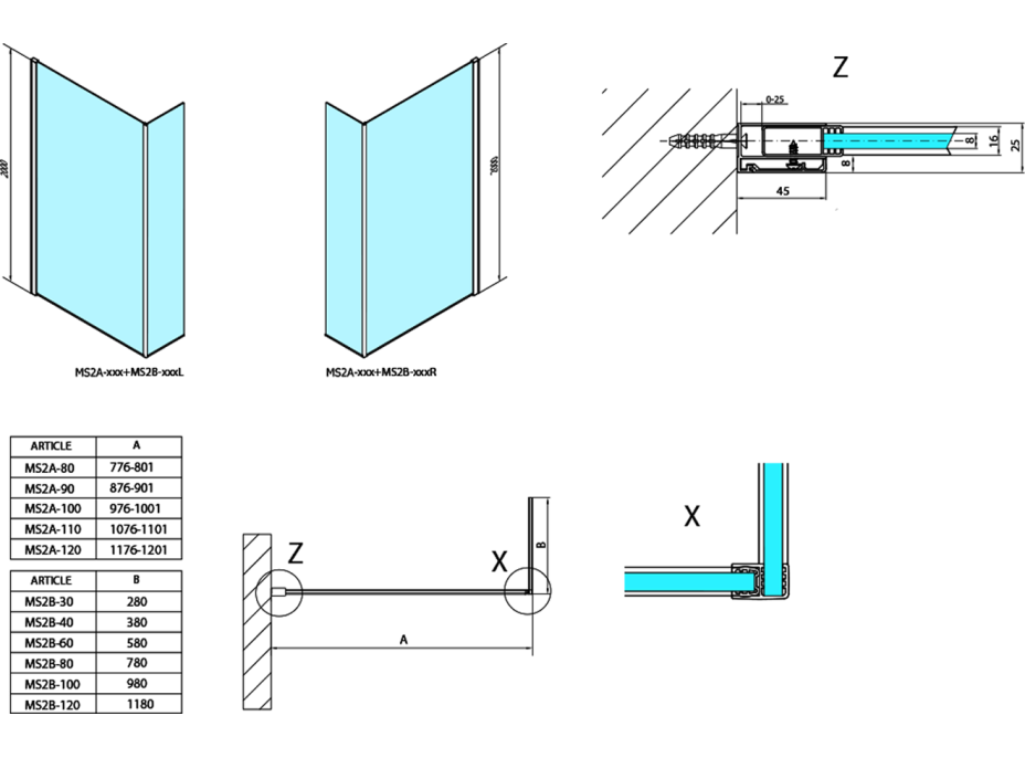 Polysan MODULAR SHOWER stěna k instalaci na zeď, pro připojení pevného panelu, 900 mm MS2A-90