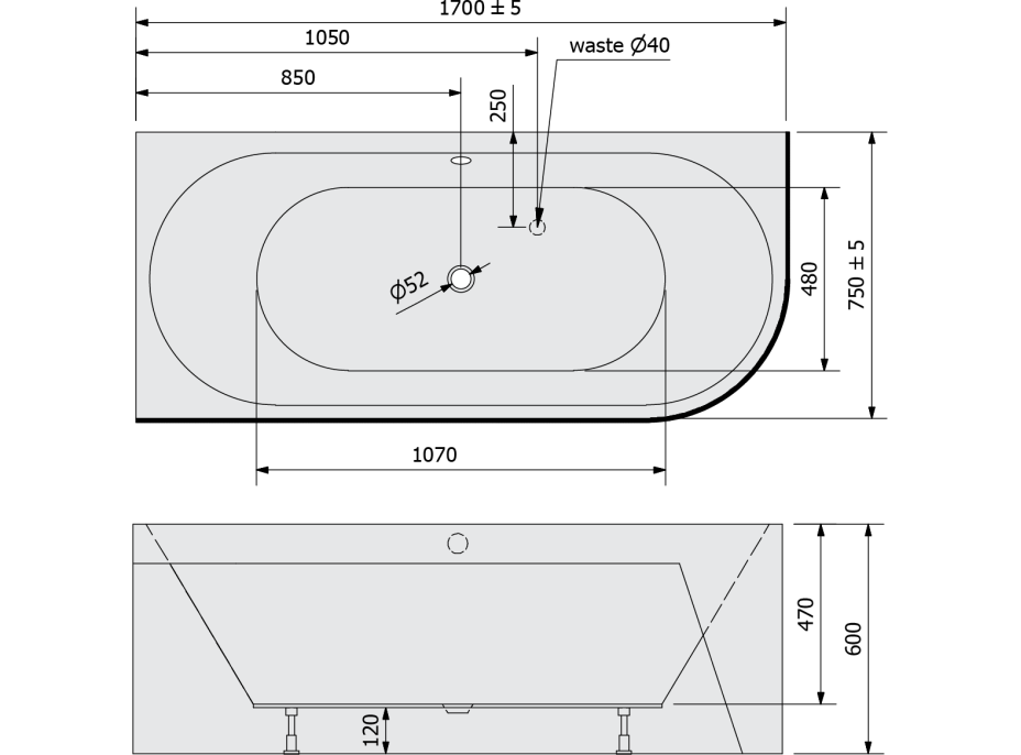 Polysan VIVA L MONOLITH asymetrická vana 170x75x60cm, bílá 70119M