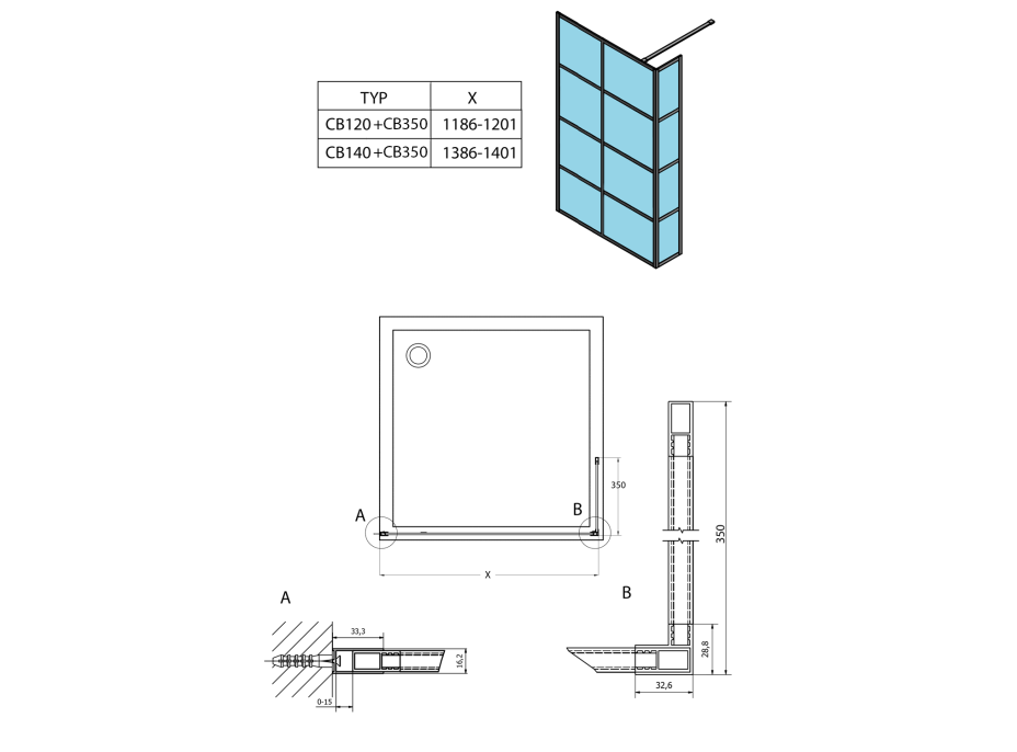 Gelco CURE BLACK přídavný panel 350mm, čiré sklo CB350