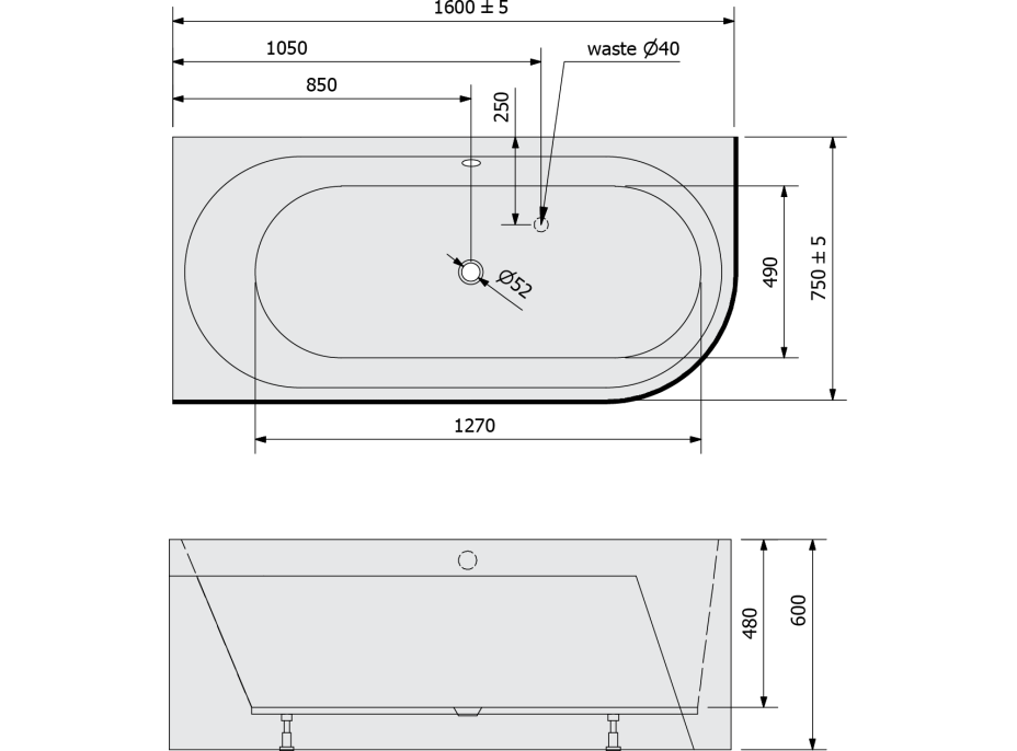 Polysan ASTRA L MONOLITH asymetrická vana 160x75x60cm, bílá 33611M