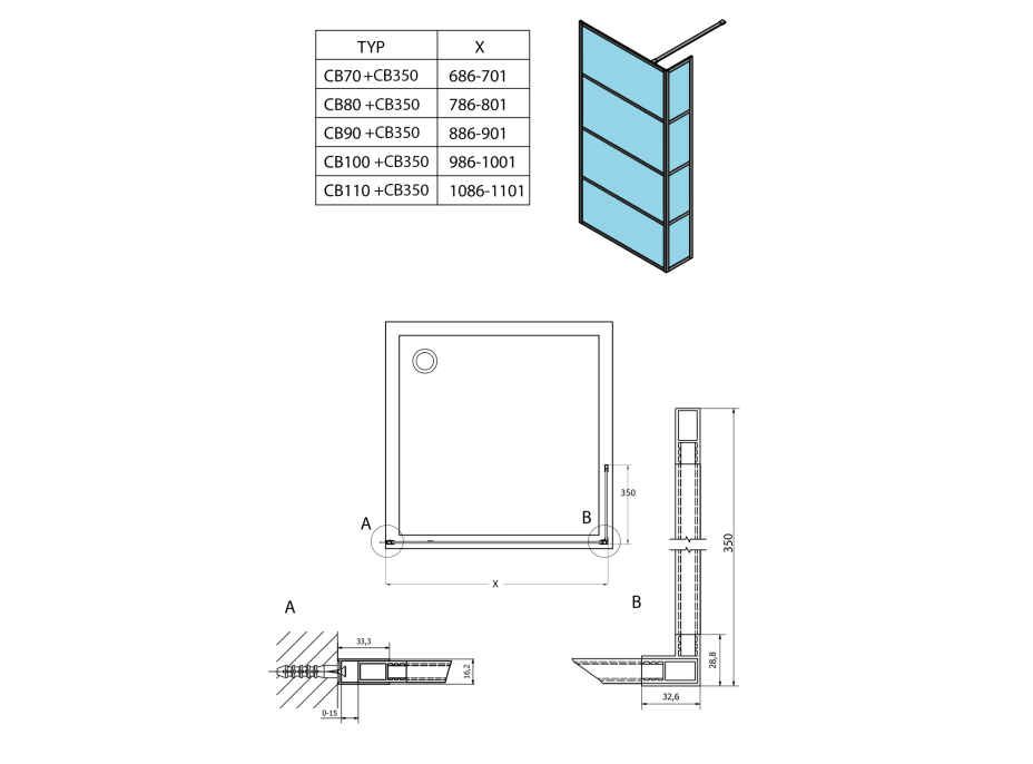 Gelco CURE BLACK přídavný panel 350mm, čiré sklo CB350