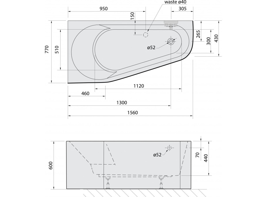 Polysan PROJEKTA L MONOLITH asymetrická stojící vana 156x77x60cm, bílá 20111M