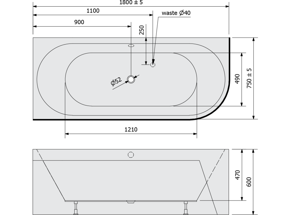 Polysan VIVA L MONOLITH asymetrická vana 180x75x60cm, bílá 72099M