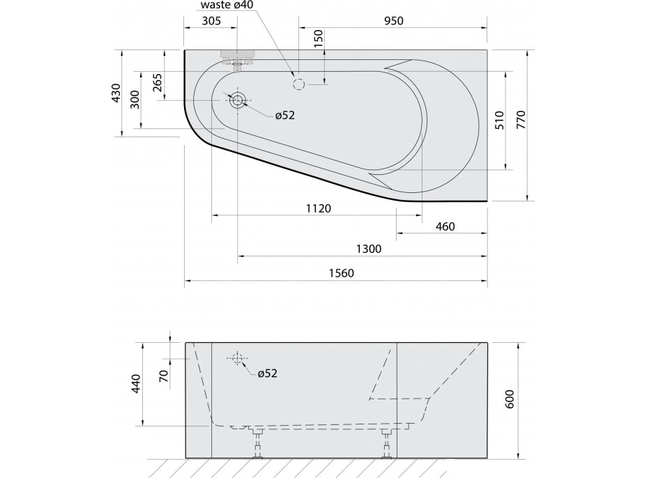 Polysan PROJEKTA R MONOLITH asymetrická stojící vana 156x77x60cm, bílá 21111M