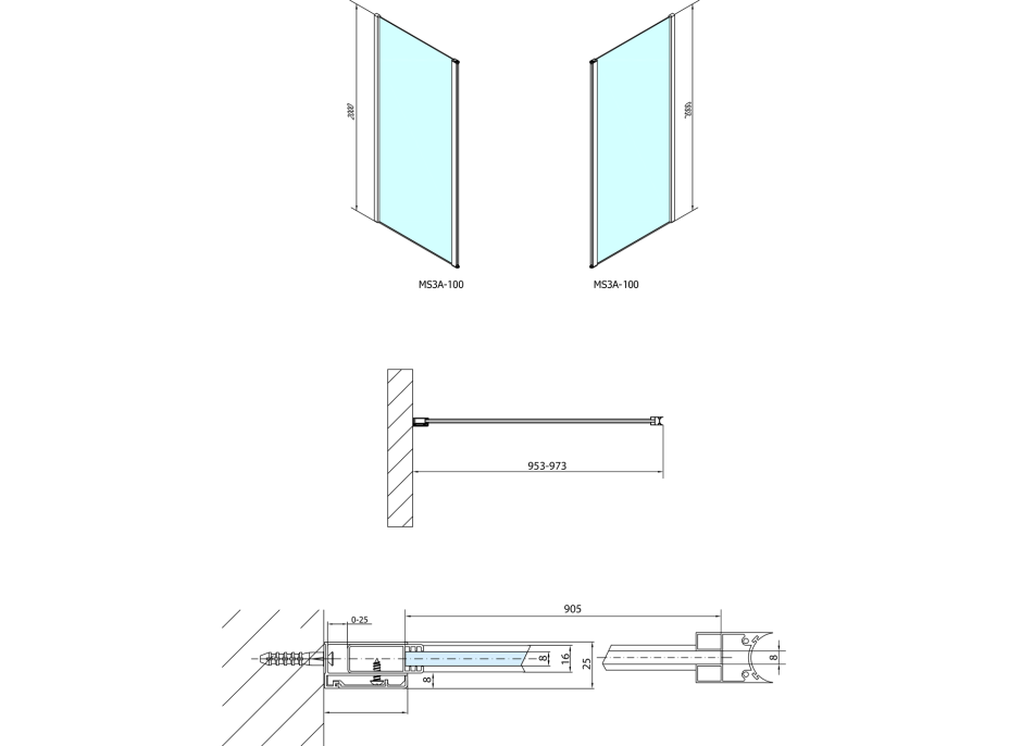 Polysan MODULAR SHOWER stěna k instalaci na zeď, pro připojení otočného panelu, 1000 mm MS3A-100