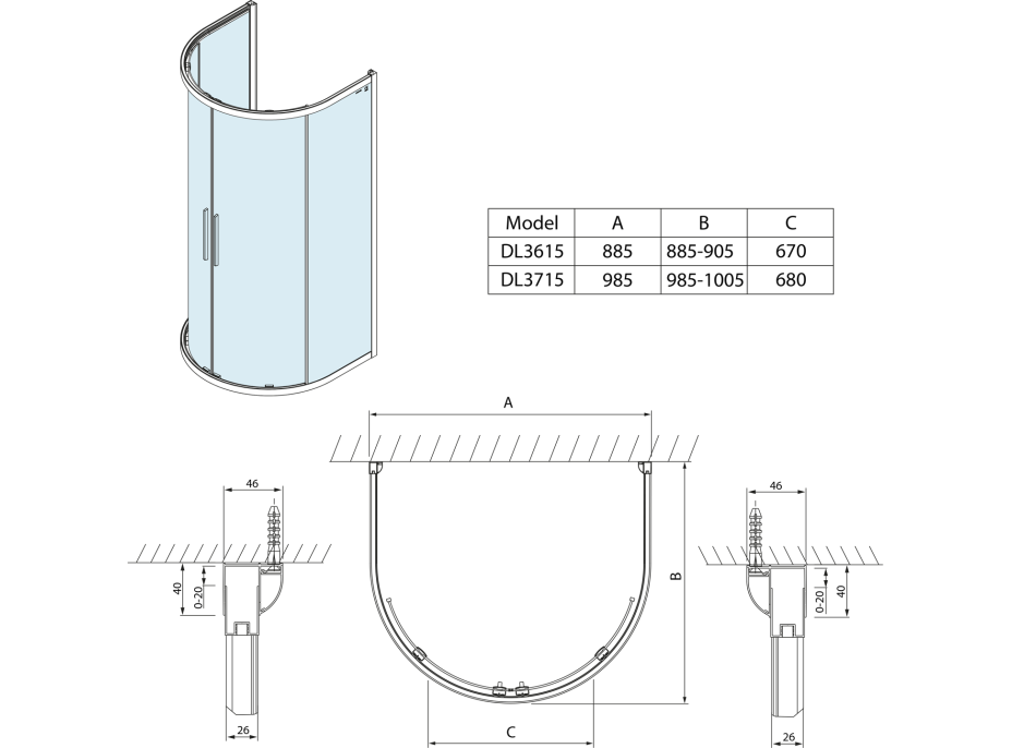 Polysan LUCIS LINE půlkruhová sprchová zástěna 1000x1000mm, čiré sklo DL3715