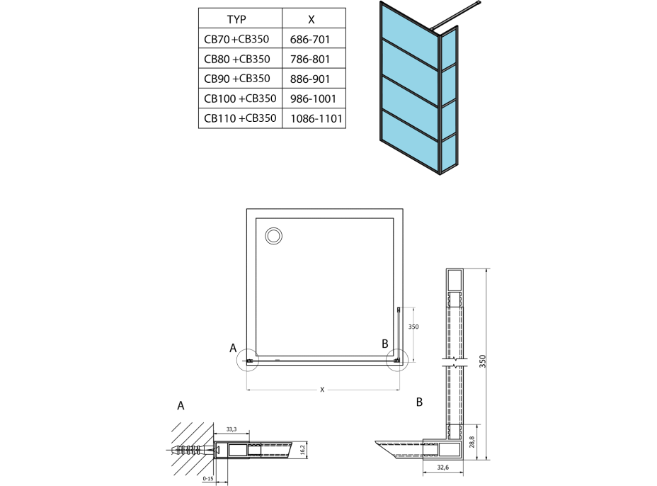 Gelco CURE BLACK sprchová zástěna 1000mm, čiré sklo CB100