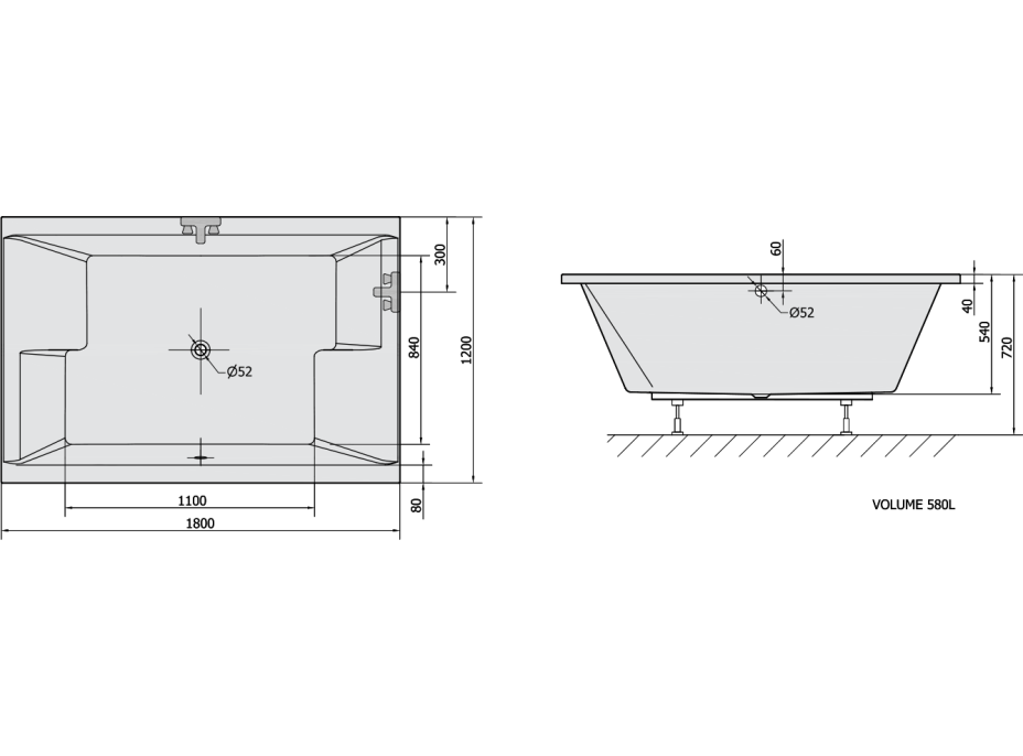 Polysan DUPLA obdélníková vana s konstrukcí 180x120x54cm, bílá 13711