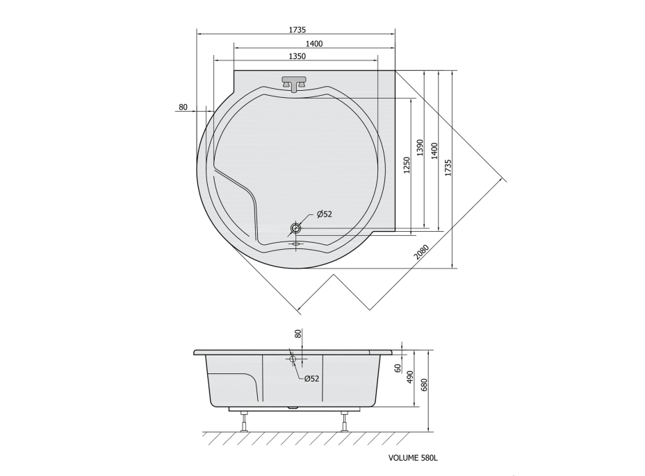 Polysan ROYAL CORNER kulatá vana s konstrukcí 173x173x49cm, bílá 74211