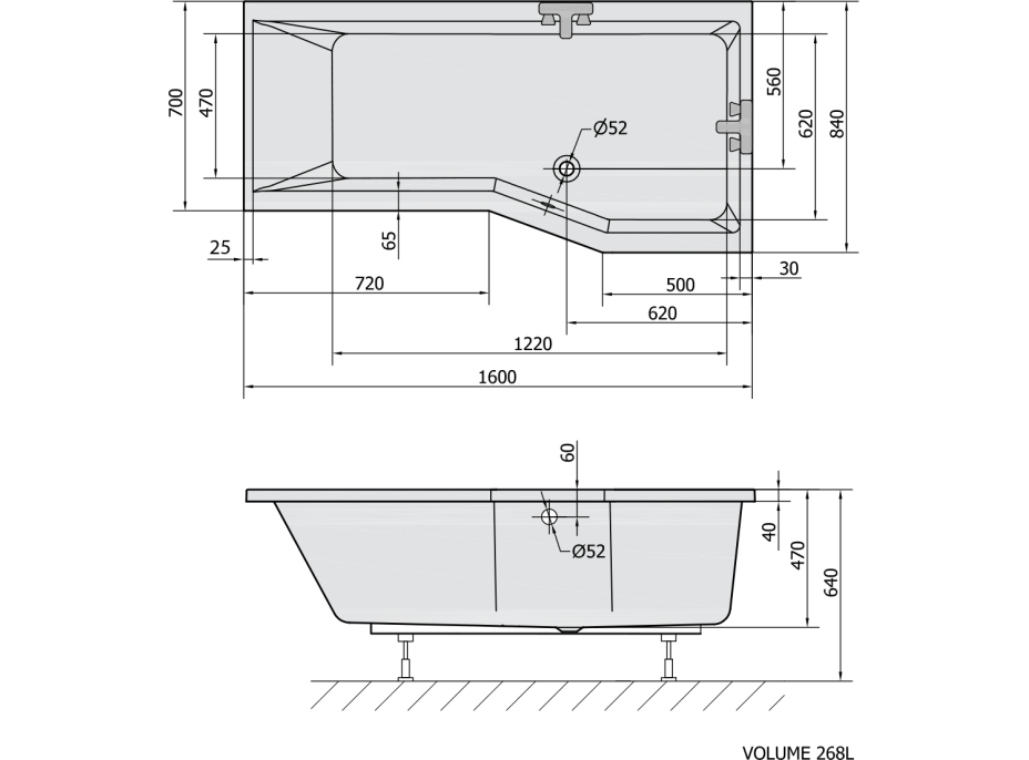 Polysan VERSYS R asymetrická vana 160x84x70x47cm, bílá 15611