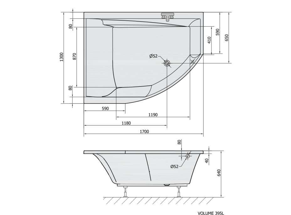 Polysan TANDEM L asymetrická vana 170x130x50cm, bílá 96611