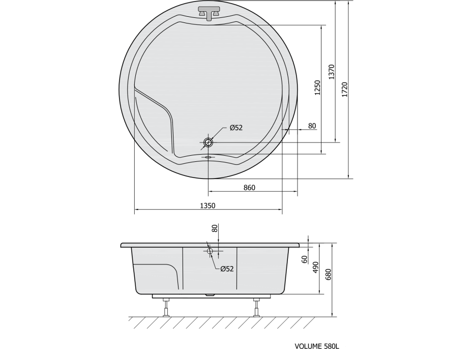 Polysan ROYAL ROUND kulatá vana s konstrukcí 172x172x49cm, bílá 73211