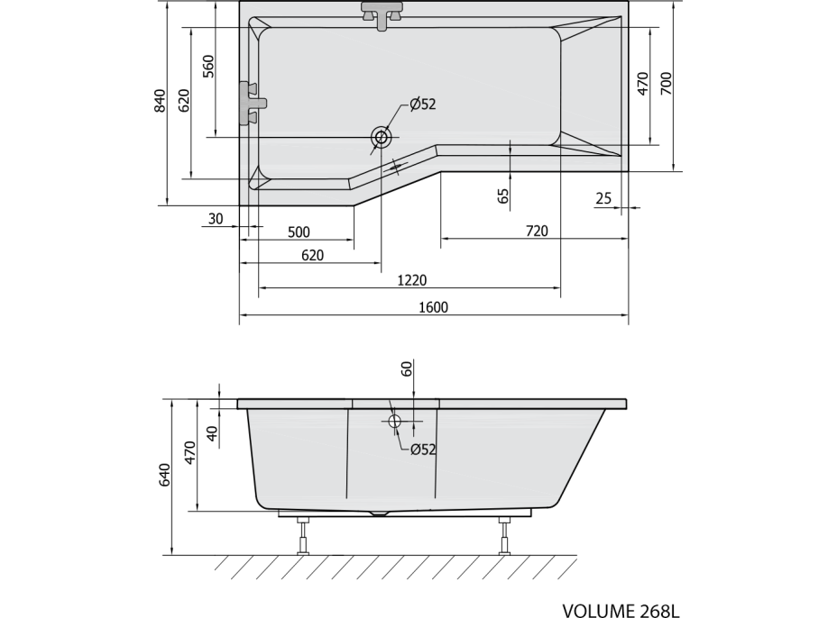 Polysan VERSYS L asymetrická vana 160x84x70x47cm, bílá 14611