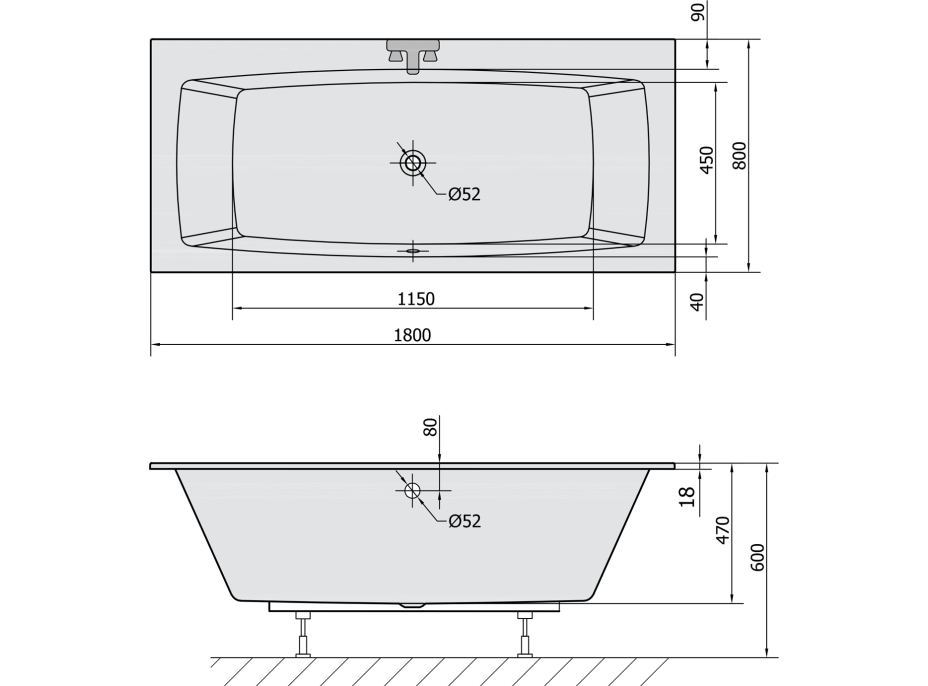 Polysan KVADRA SLIM obdélníková vana 180x80x47cm, bílá 17611S