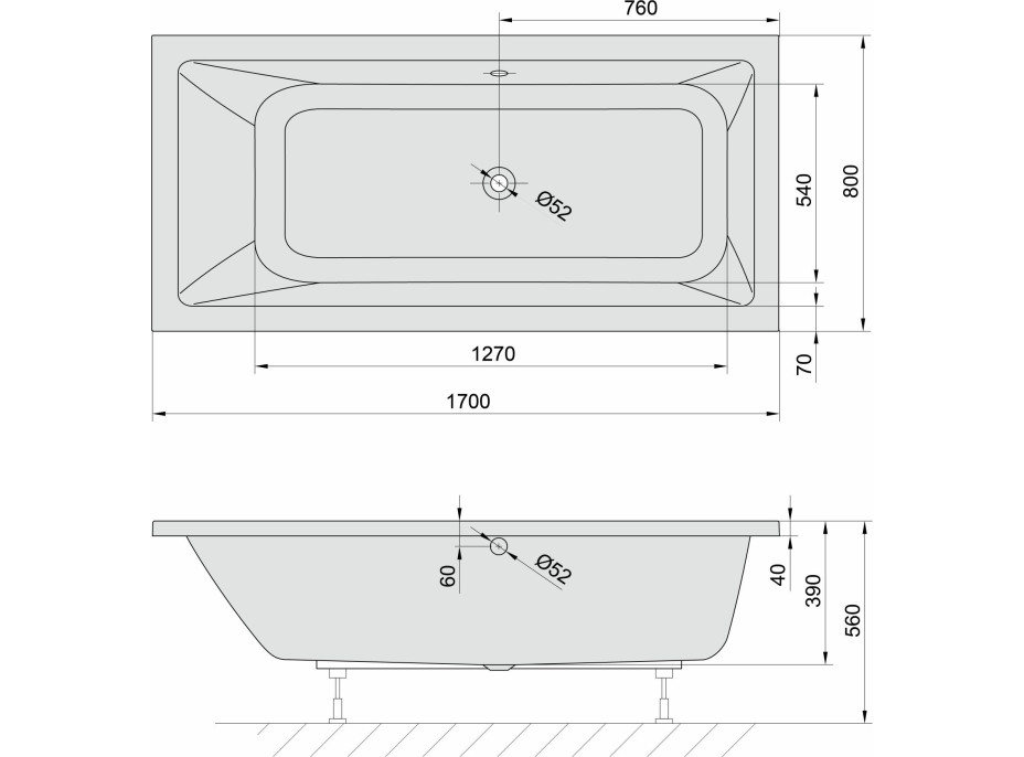 Polysan MIMOA obdélníková vana 170x80x39cm, bílá 71713