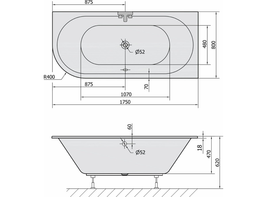 Polysan VIVA R SLIM asymetrická vana 175x80x47cm, bílá 78119S