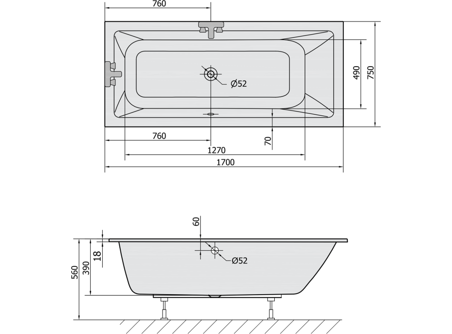 Polysan MIMOA SLIM obdélníková vana 170x75x39cm, bílá 71709S