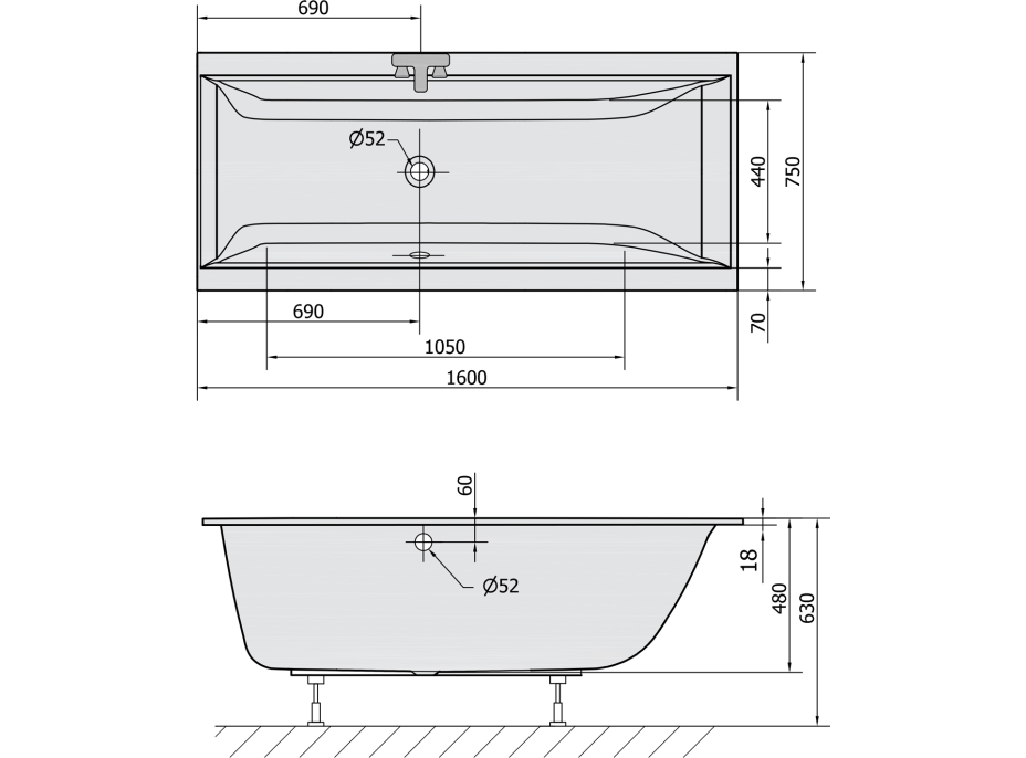 Polysan CLEO SLIM obdélníková vana 160x75x48cm, bílá 93611S