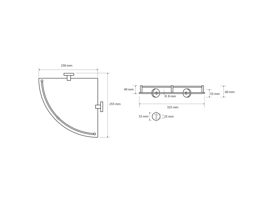 Sapho X-ROUND E skleněná polička rohová s hrazdou 255x60x230mm, chrom XR605