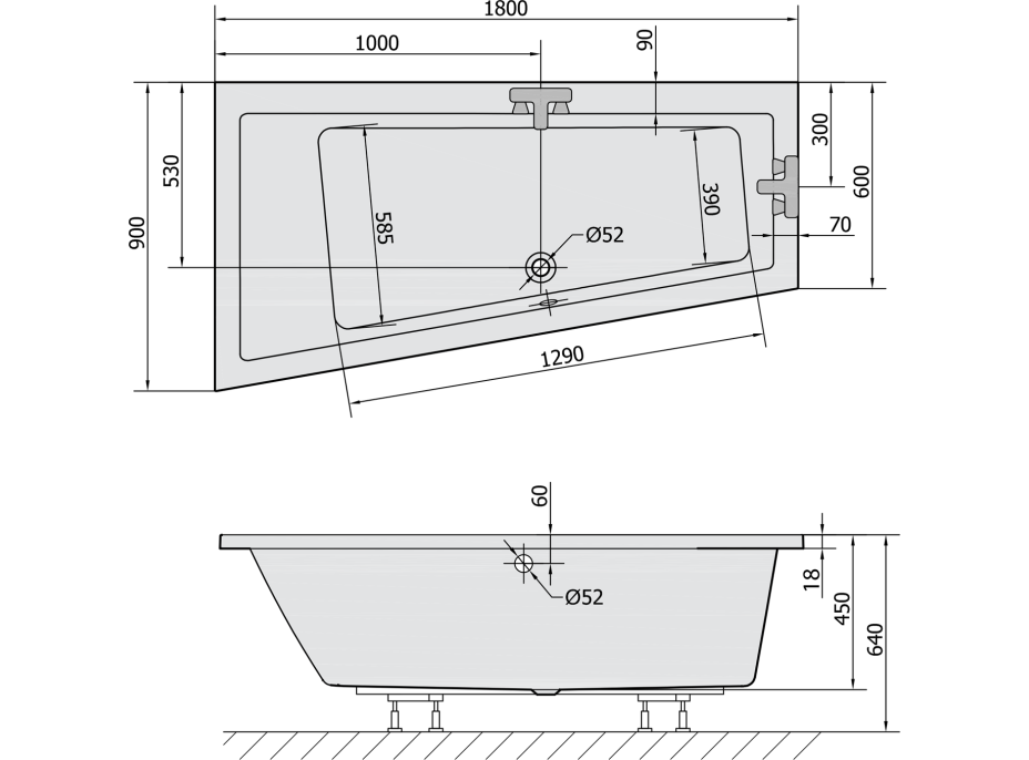 Polysan ANDRA L SLIM asymetrická vana 180x90x45cm, bílá 72872S