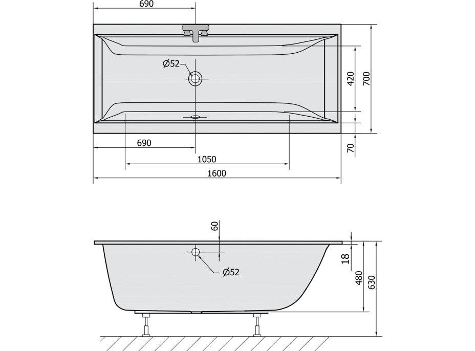 Polysan CLEO SLIM obdélníková vana 160x70x48cm, bílá 73611S