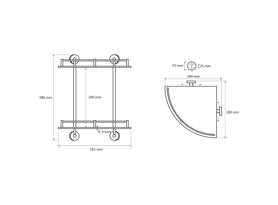 Sapho X-ROUND E skleněná polička rohová dvojitá s hrazdou 280x355x380mm, chrom XR604