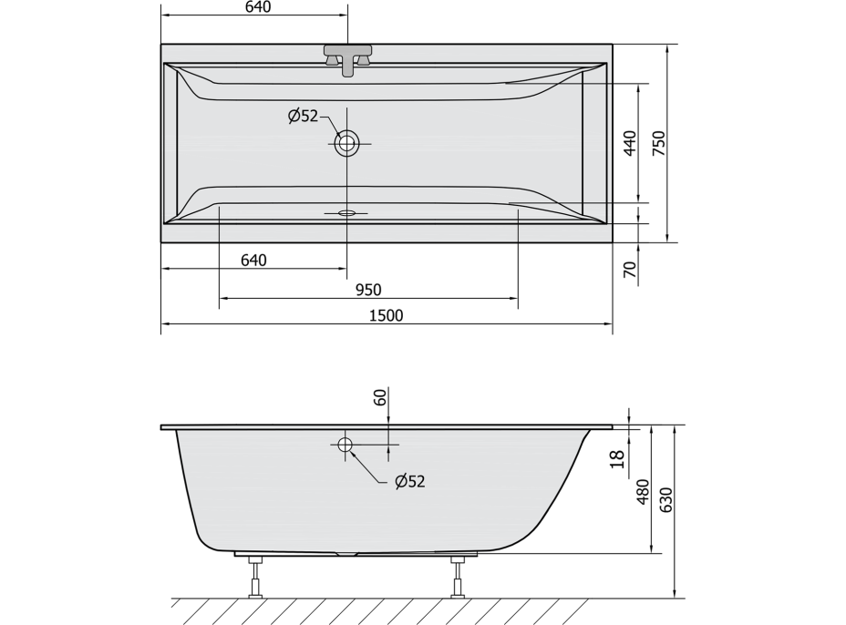 Polysan CLEO SLIM obdélníková vana 150x75x48cm, bílá 27611S