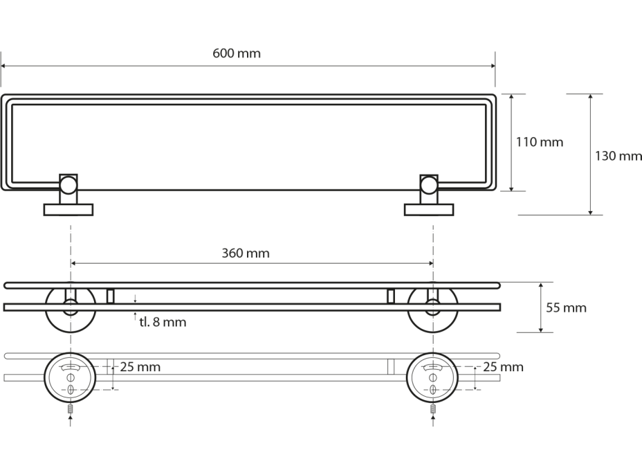 Sapho X-ROUND E polička skleněná s výklopnou hrazdou 600x130mm, mléčné sklo, chrom XR600