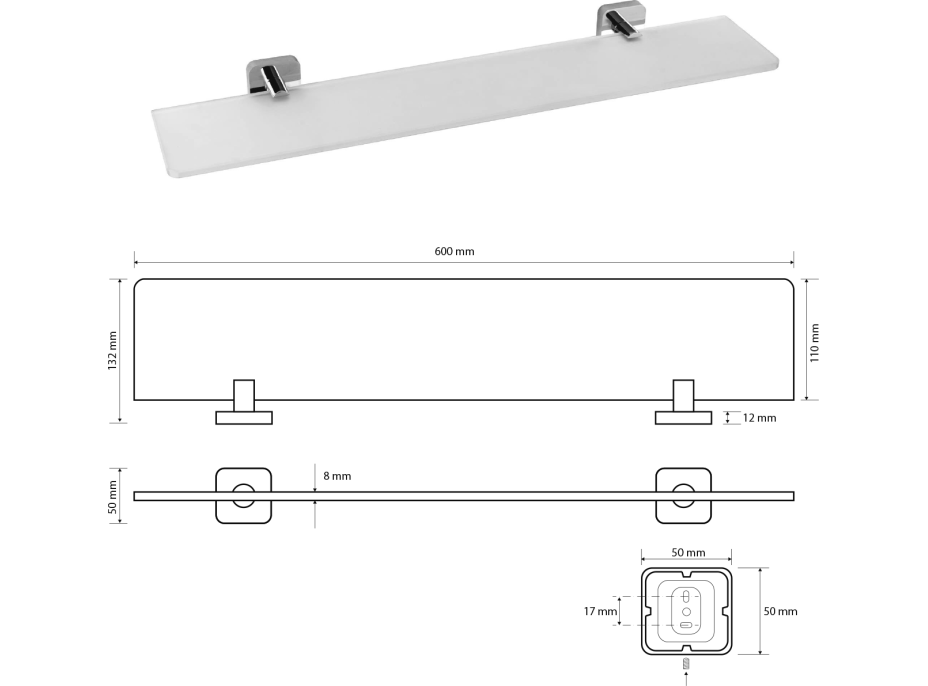 Sapho INSIA polička skleněná 600x50x132mm, chrom IS015