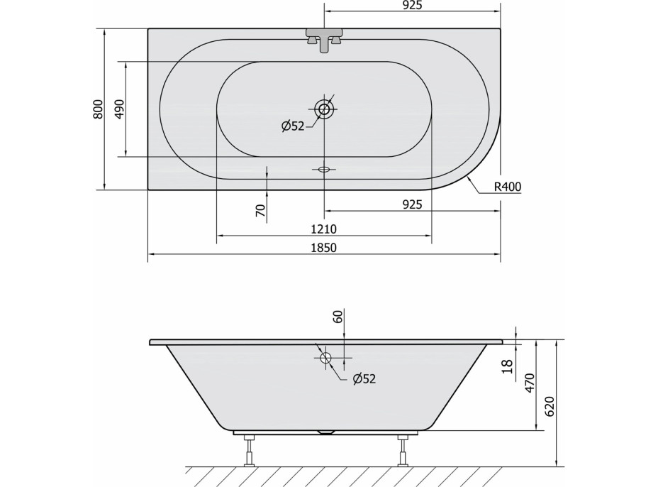 Polysan VIVA L SLIM asymetrická vana 185x80x47cm, bílá 72099S