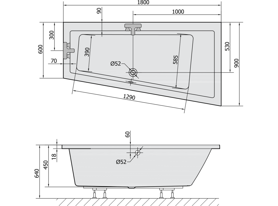 Polysan ANDRA R SLIM asymetrická vana 180x90x45cm, bílá 78771S