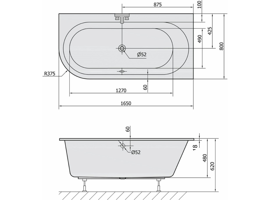 Polysan ASTRA R SLIM asymetrická vana 165x80x48cm, bílá 34611S