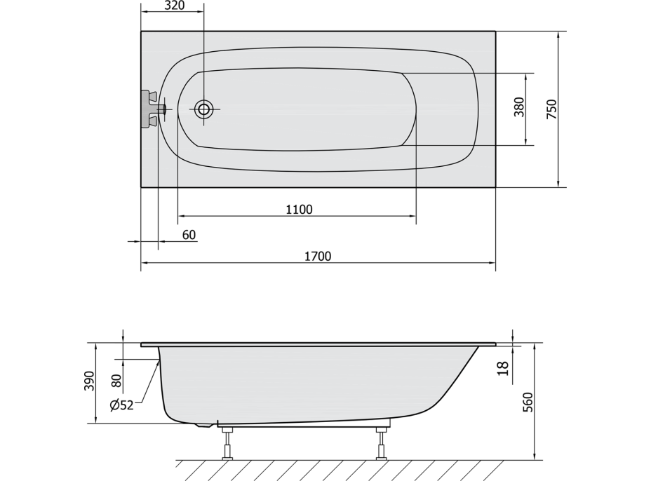 Polysan EBRO SLIM obdélníková vana 170x75x39cm, bílá 26711S