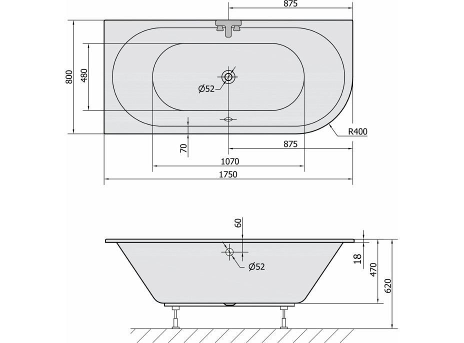 Polysan VIVA L SLIM asymetrická vana 175x80x47cm, bílá 70119S