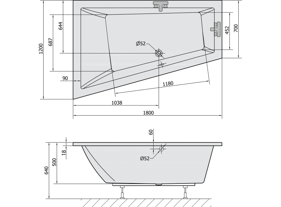 Polysan TRIANGL L SLIM asymetrická vana 180x120x50cm, bílá 19611S