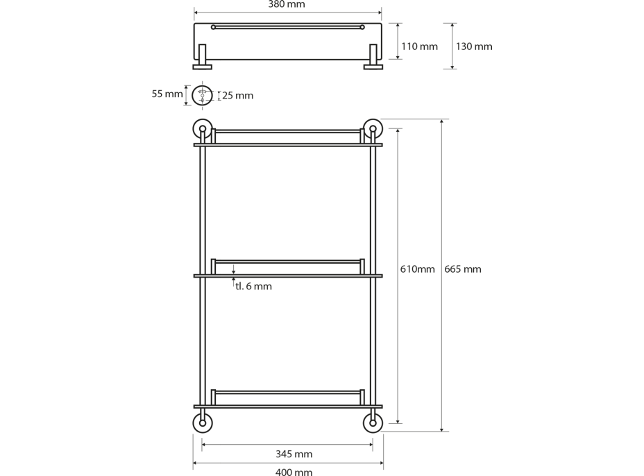 Sapho X-ROUND E skleněná polička trojitá s hrazdou 380x675x130mm, chrom XR608