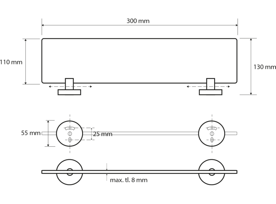 Sapho X-ROUND E skleněná polička 300x130mm, mléčné sklo, chrom XR601