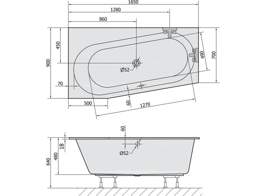 Polysan ASTRA WL SLIM asymetrická vana 165x90x48cm, bílá 30611S