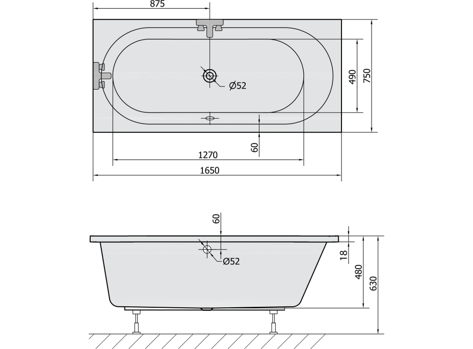 Polysan ASTRA B SLIM obdélníková vana 165x75x48cm, bílá 32611S