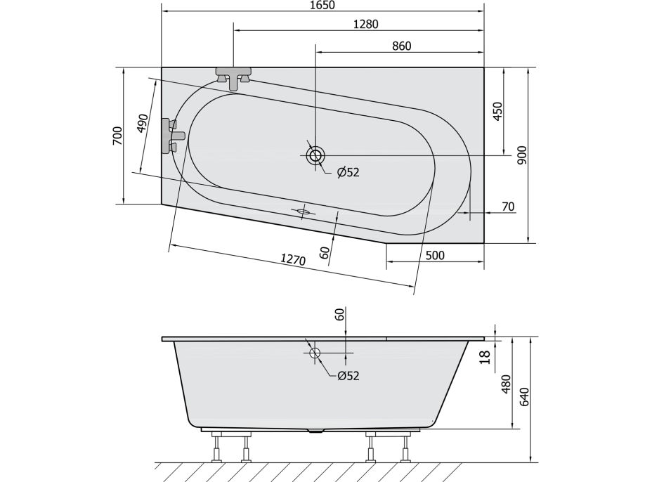 Polysan ASTRA WR SLIM asymetrická vana 165x90x48cm, bílá 31611S