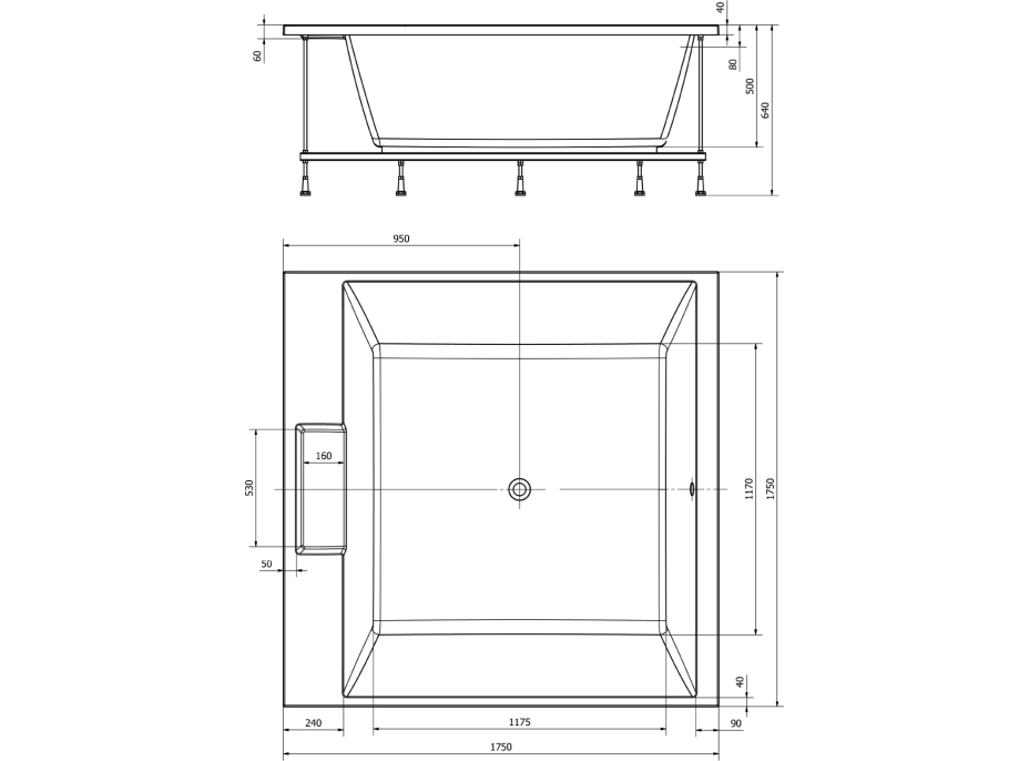 Polysan CAME čtvercová vana s konstrukcí 175x175x50cm, bílá 23611