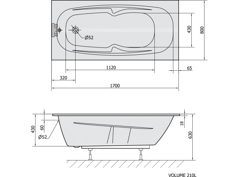 Polysan KAMELIE SLIM obdélníková vana 170x80x44cm, bílá 35111S