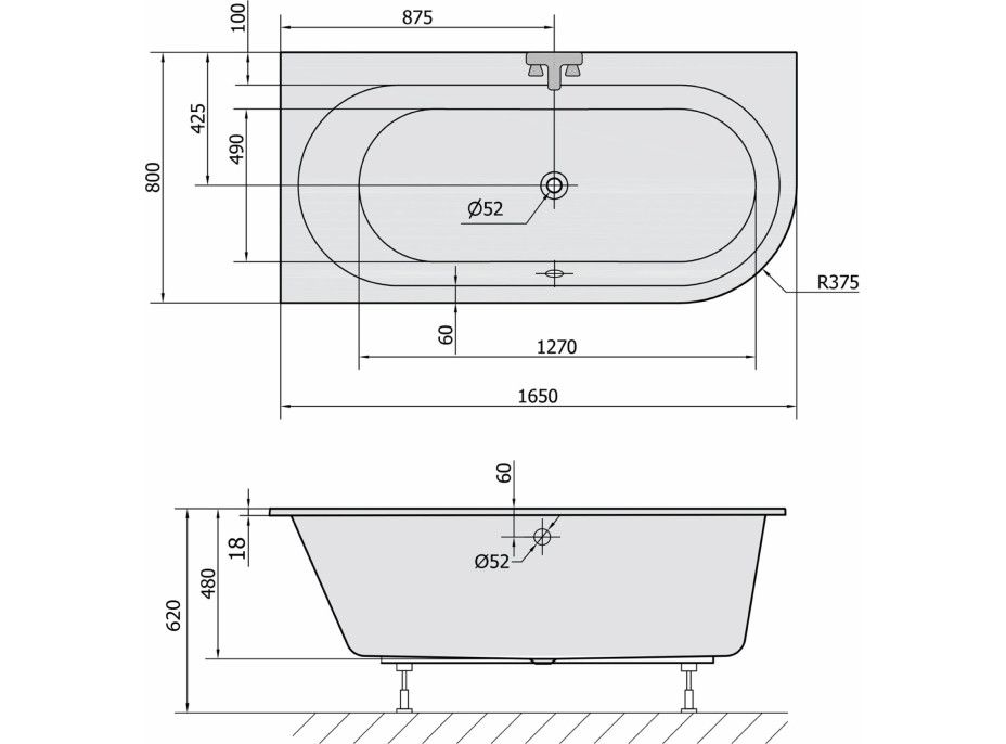 Polysan ASTRA L SLIM asymetrická vana 165x80x48cm, bílá 33611S