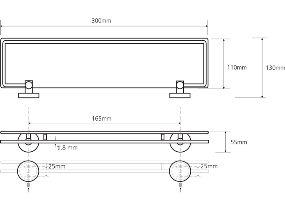 Sapho X-ROUND E skleněná polička s výklopnou hrazdou 300x130mm, mléčné sklo, chrom XR607