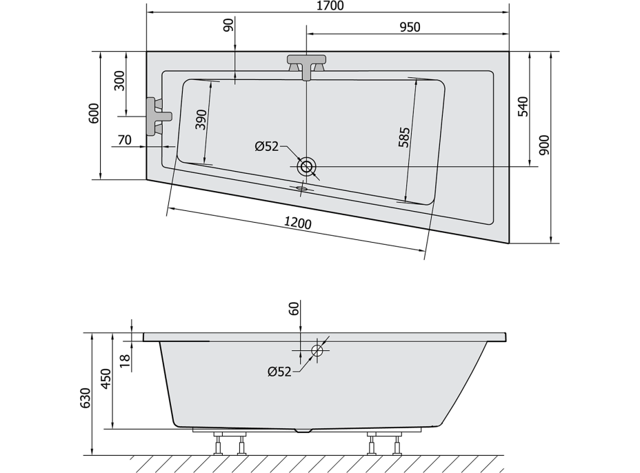 Polysan ANDRA R SLIM asymetrická vana 170x90x45cm, bílá 81511S