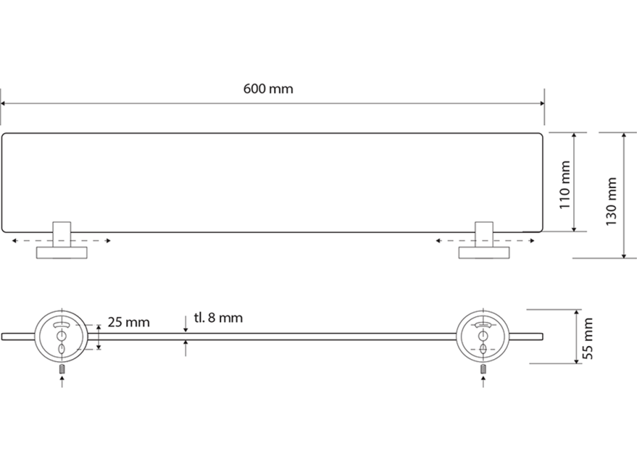 Sapho X-ROUND BLACK skleněná polička, 600mm, černá XR609B