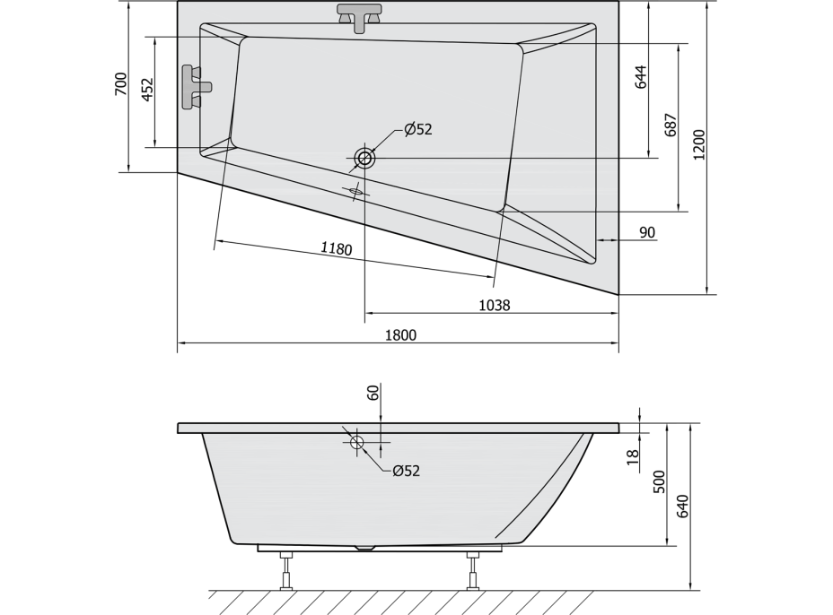 Polysan TRIANGL R SLIM asymetrická vana 180x120x50cm, bílá 20611S