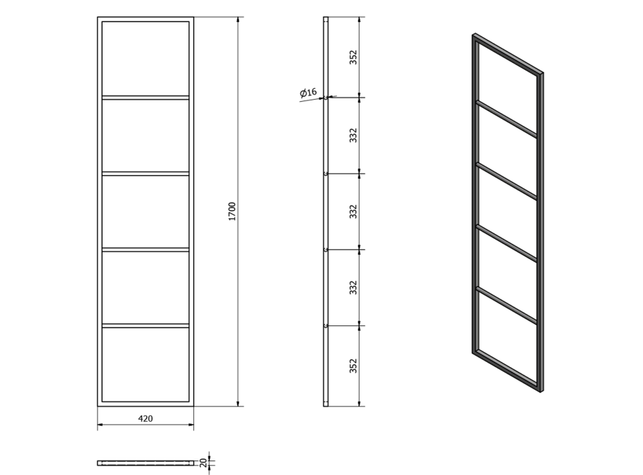 Sapho SKA sušák ručníků na opření 420x1700x20mm, černá mat SKA551