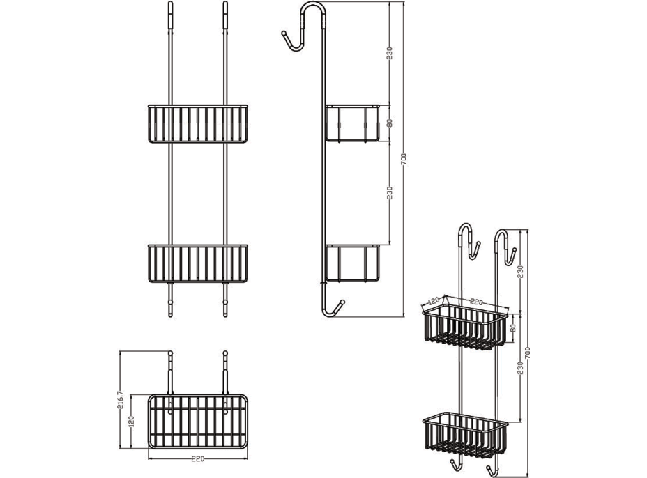 Aqualine CHROM LINE police do sprchy závěsná, 220x700x200 mm, chrom 37007