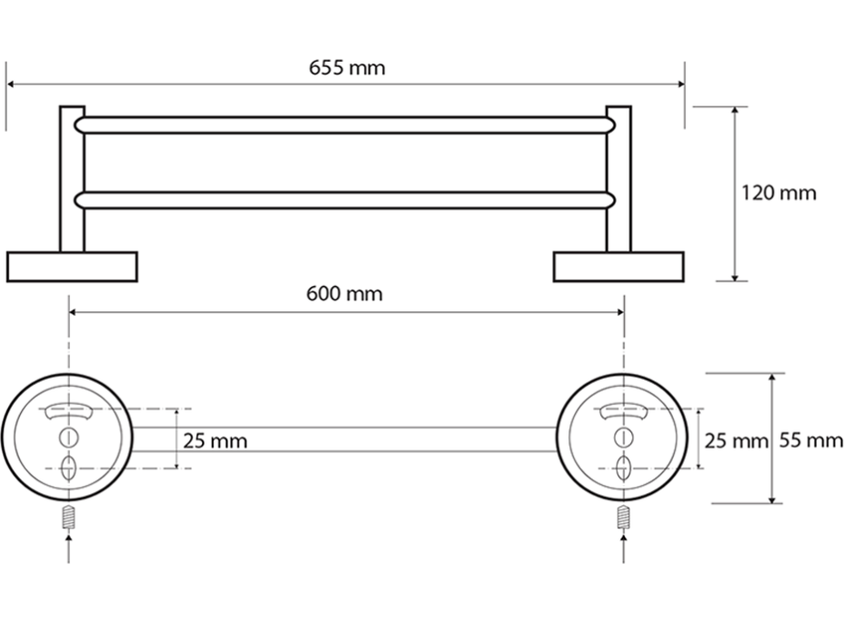 Sapho X-ROUND BLACK dvojitý držák ručníků 600x120mm, černá XR401B